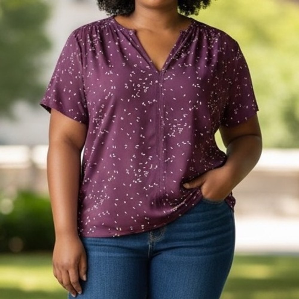 Monday Fun Blouse Womens 2X Purple Seed Print V-Neck Short Sleeve FT88901P-2